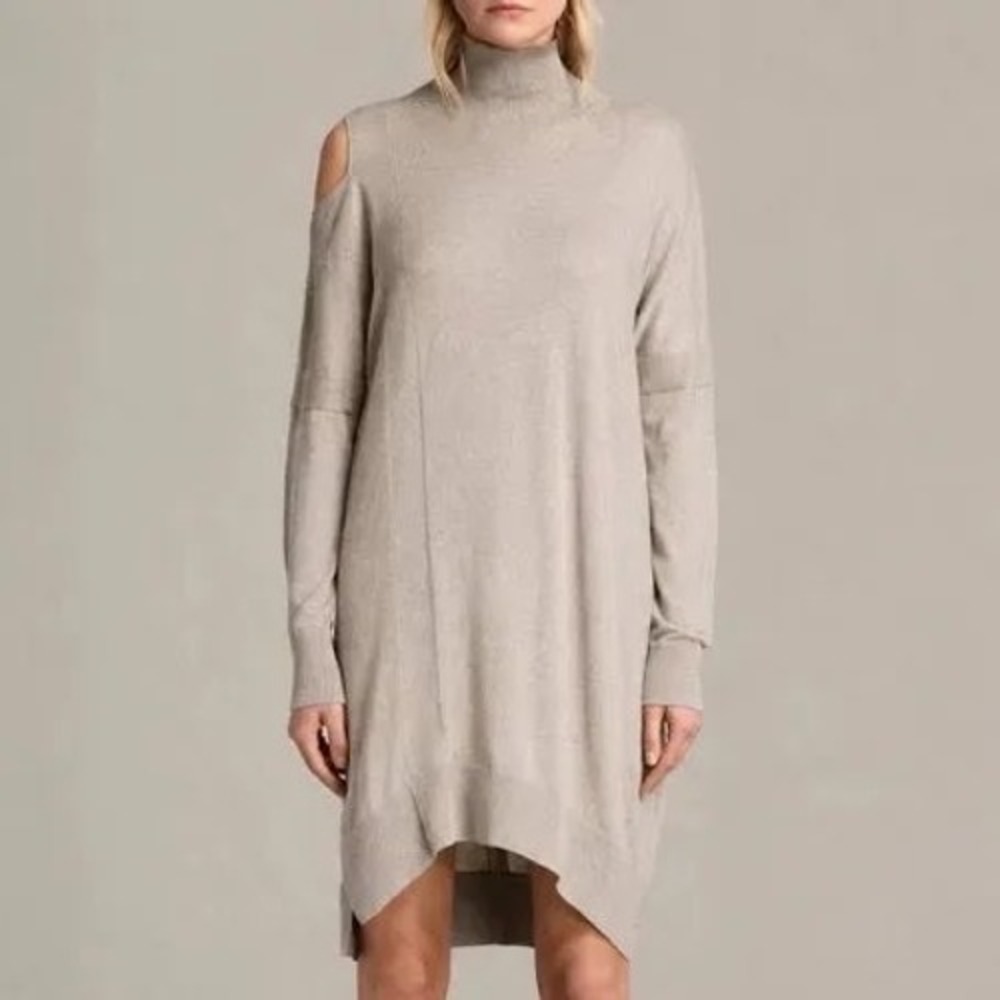 AllSaints Cecily Cold Shoulder Turtleneck Knit Dress Taupe Brown WD282H Small